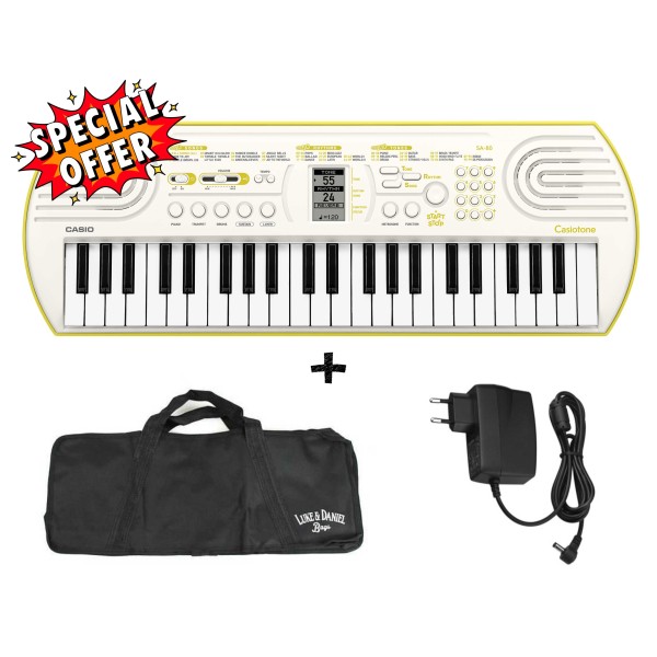 CASIO SA80 Bianca - OFFERTA BUNDLE TASTIERA 44 TASTI MINI BIANCA / GIALLO LIMONE con borsa e Alimentatore - back to school