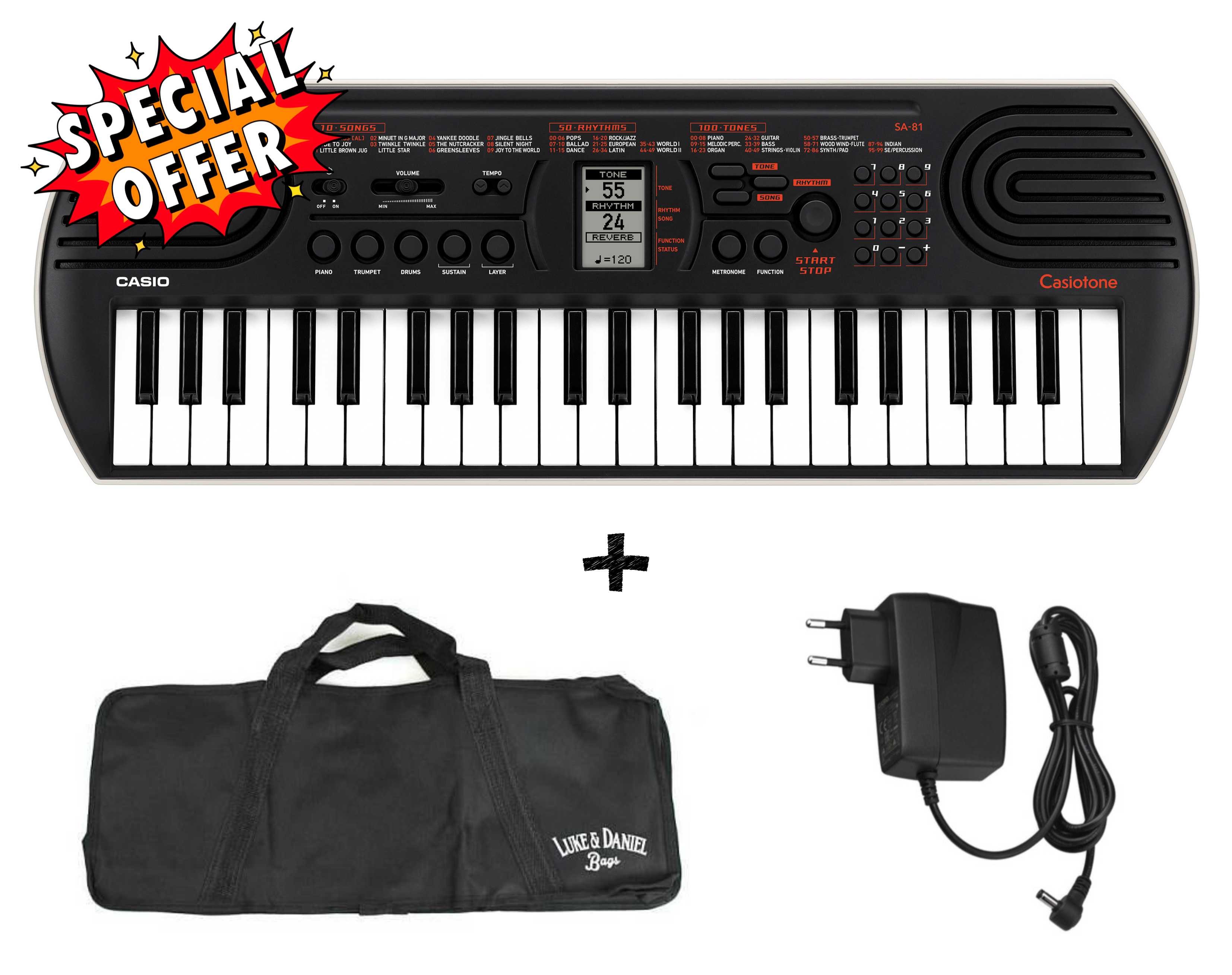 CASIO SA-81 Nera - OFFERTA BUNDLE TASTIERA 44 TASTI MINI NERO / GRIGIO CHIARO con borsa e Alimentatore - back to school