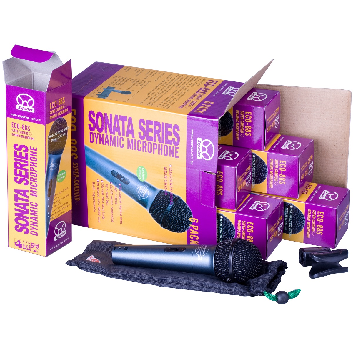SUPERLUX ECO88S SET 6 MICROFONI DINAMICI PER VOCE CON INTERRUTTORE BORSETTA E CLAMP