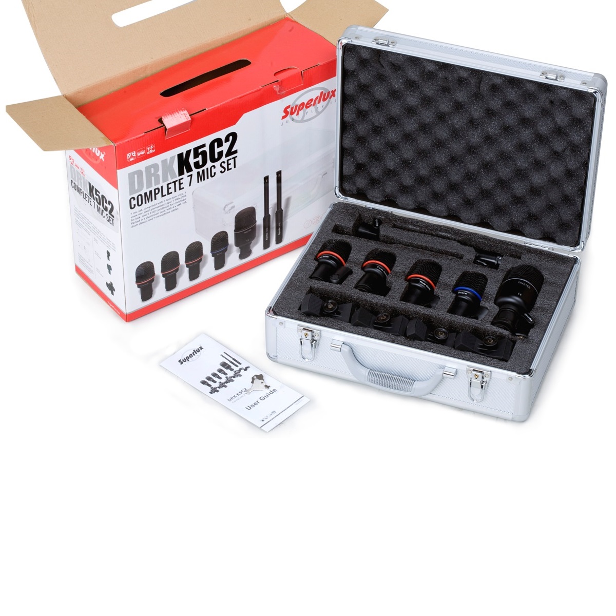 SUPERLUX DRK K5C2 DRUMSET KIT 7 MICROFONI PER BATTERIA VALIGIA IN ALLUMINIO CAVI E CLAMPS