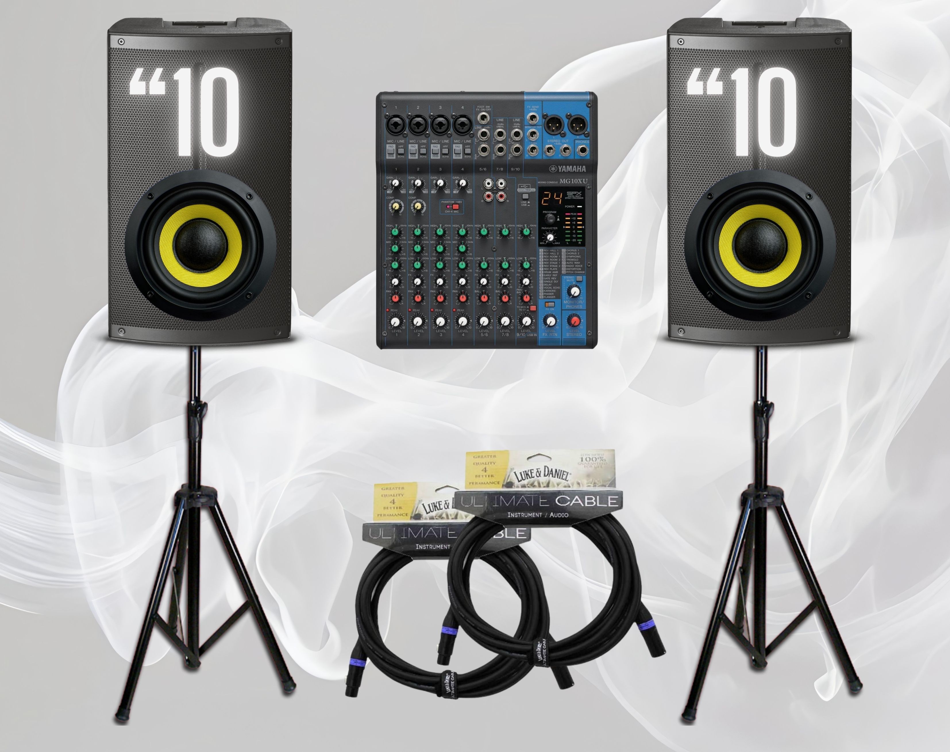 Noleggio 2 casse cono 10” con stativi, cavi XLR e mixer 10 canali