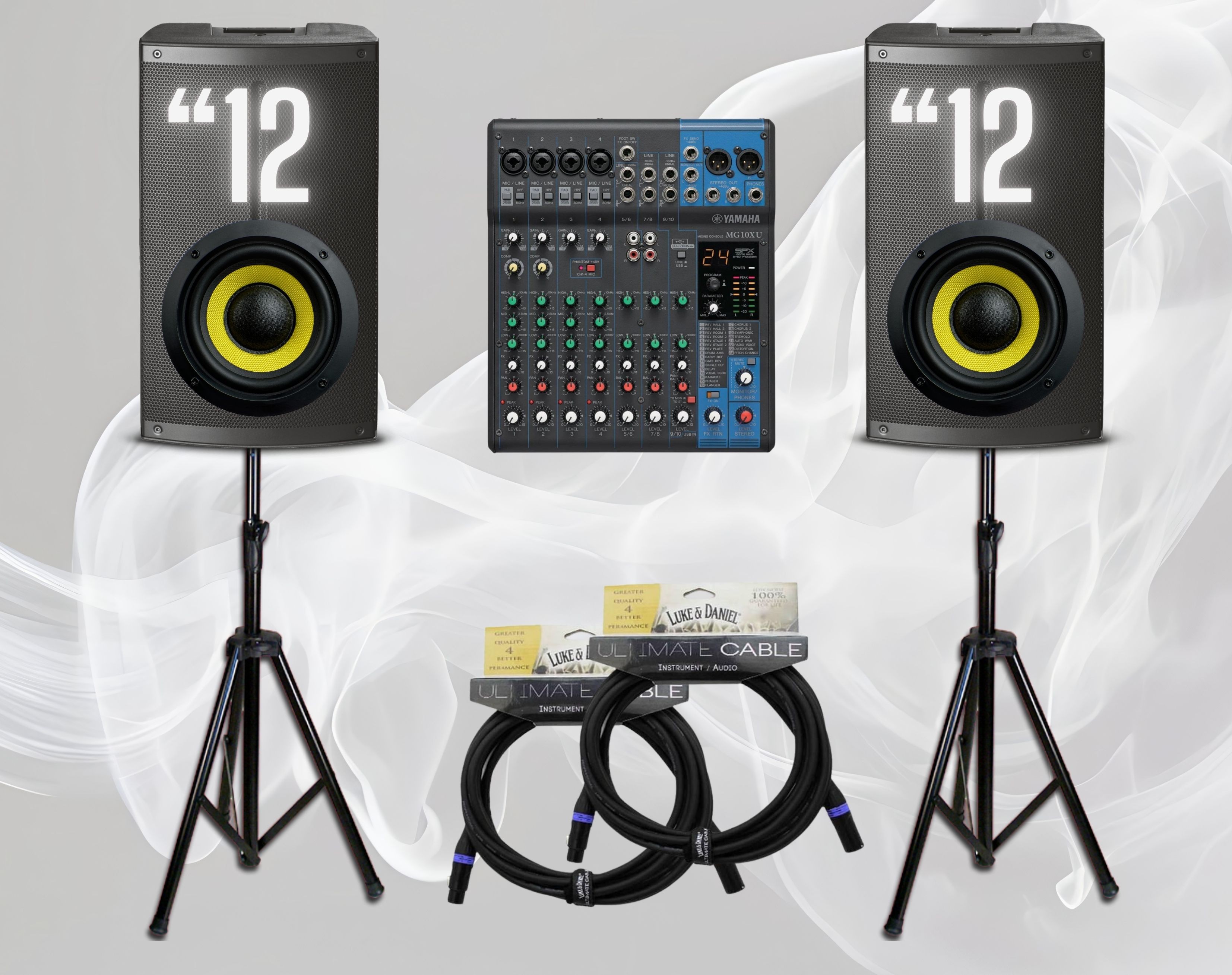 Noleggio 2 casse cono 12” con stativi, cavi XLR e mixer 10 canali