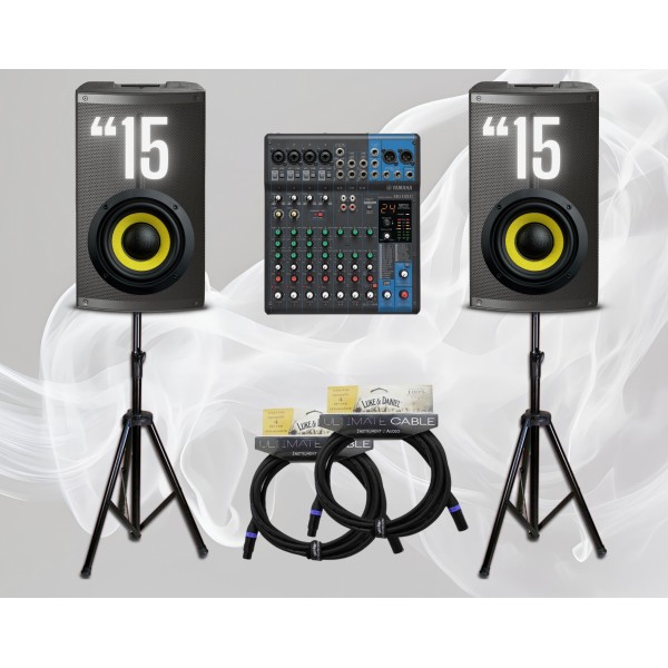 Noleggio 2 casse cono 15” con stativi, cavi XLR e mixer 10 canali