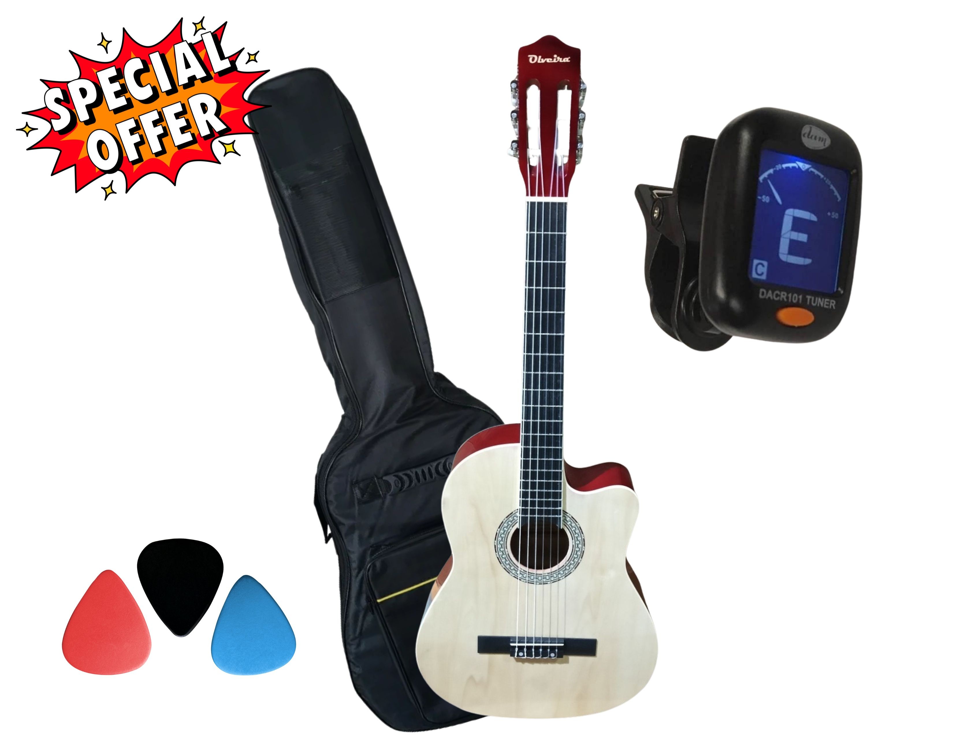 Olveira CG3902 – Chitarra classica spalla mancante Natural con custodia, plettri e accordatore