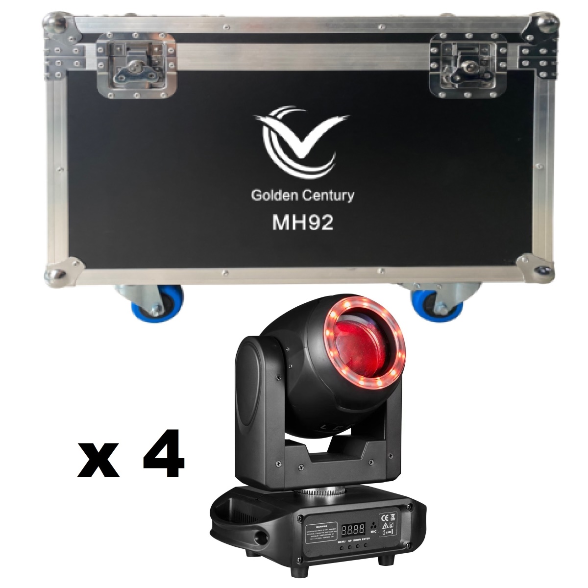 GOLDEN CENTURY MH92 TESTA MOBILE SPOT BEAM 80W + ANELLO RING 12 LED RGB IN BUNDLE 4 IN 1 FLIGHT CASE