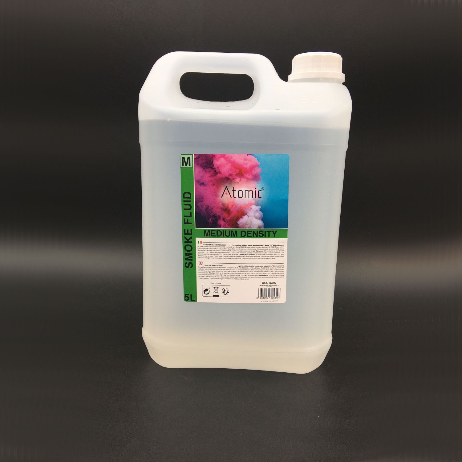 ATOMIC SMOKE PRO MEDIUM DENSITY LIQUIDO PER MACCHINA DEL FUMO CERTIFICATO TANICA DA 5 KG MADE IN EUROPE