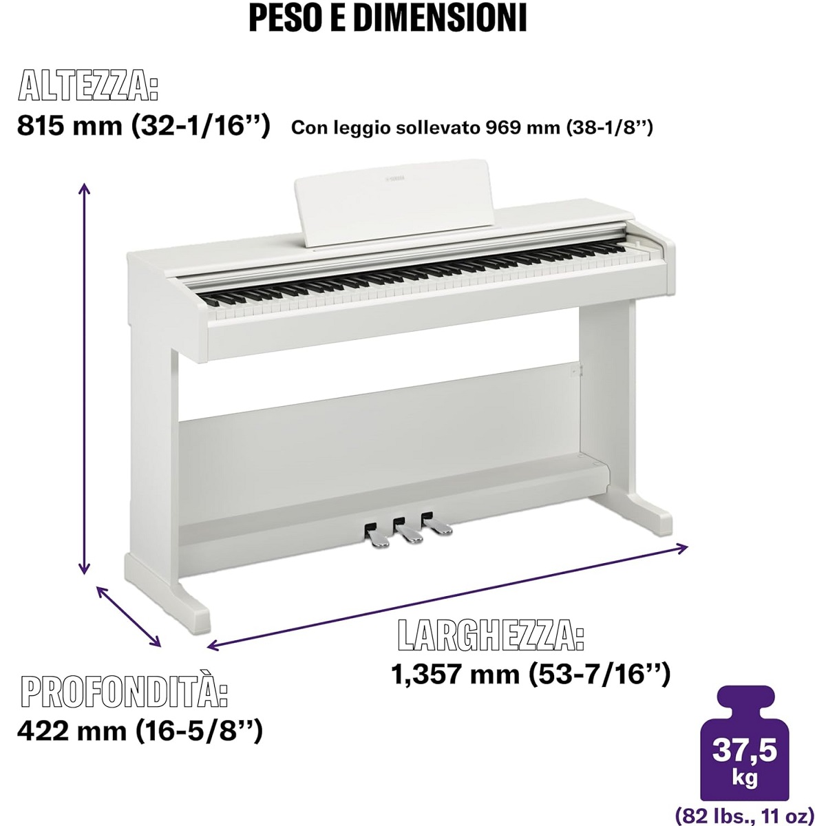 YAMAHA YDP105 WH ARIUS WHITE PIANOFORTE DIGITALE 88 TASTI PESATI COLORE BIANCO