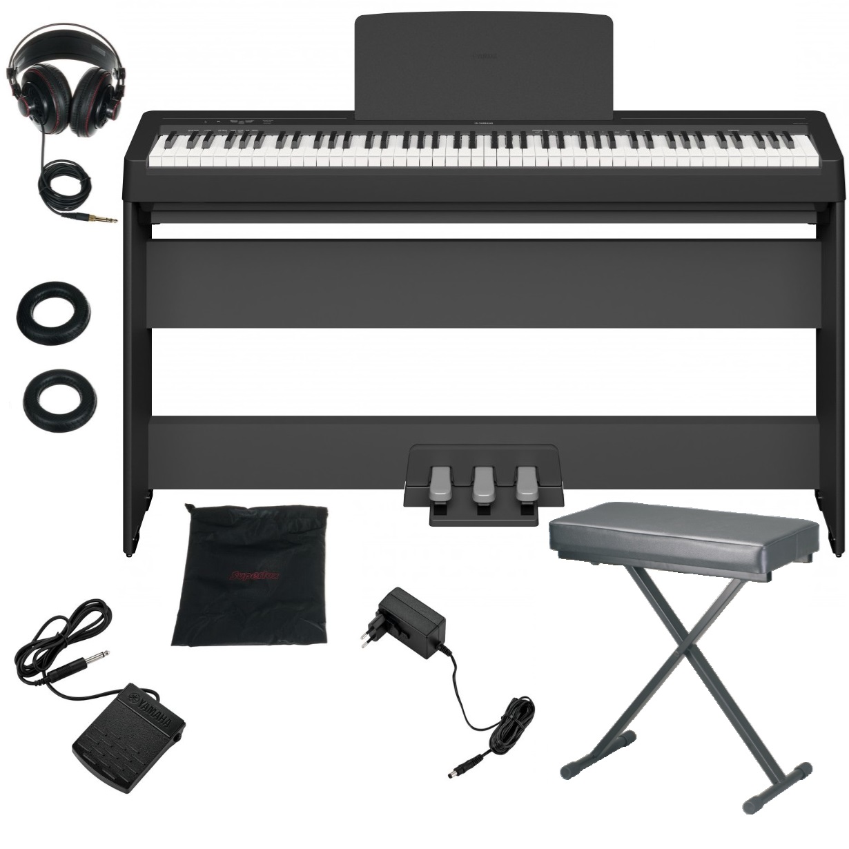 YAMAHA P145BT SUPERLUX BUNDLE PIANOFORTE MOBILE STAND L100 PEDALIERA LP5A LEGGIO PEDALE CUFFIA HD681AIR