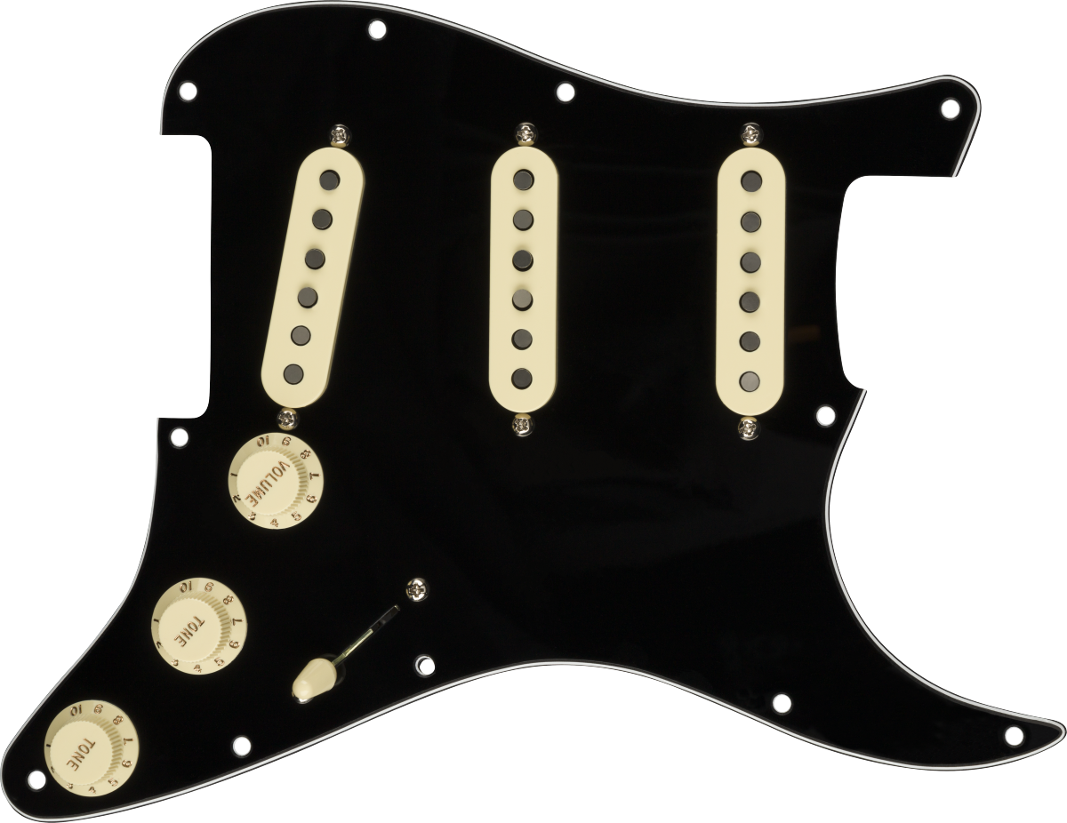 Fender Pre-Wired Strat Pickguard, Custom Shop Fat 50's SSS, Black 11 Hole PG