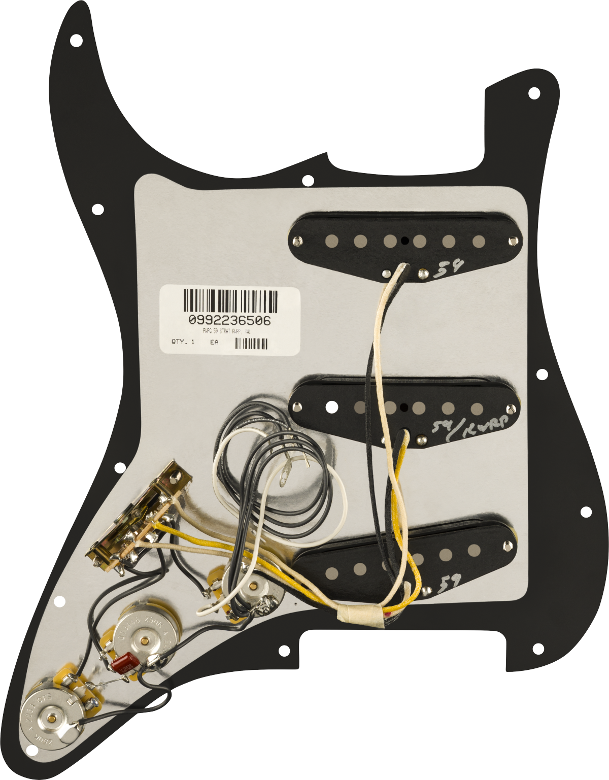 Fender Pre-Wired Strat® Pickguard, Pure Vintage '59 w/RWRP Midde, Black 11 Hole PG
