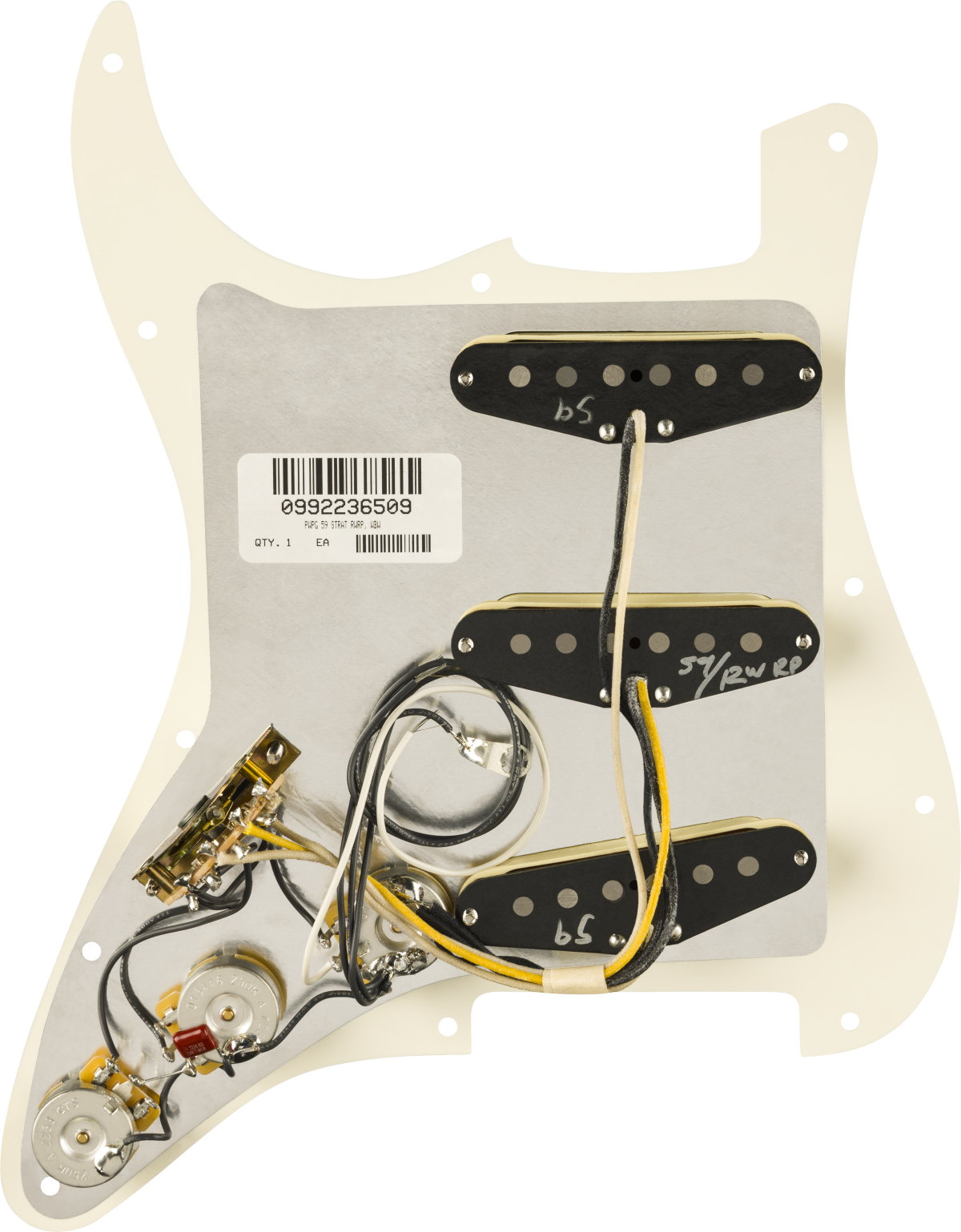 Fender Pre-Wired Strat® Pickguard, Pure Vintage '59 w/RWRP Midde, Parchment 11 Hole PG