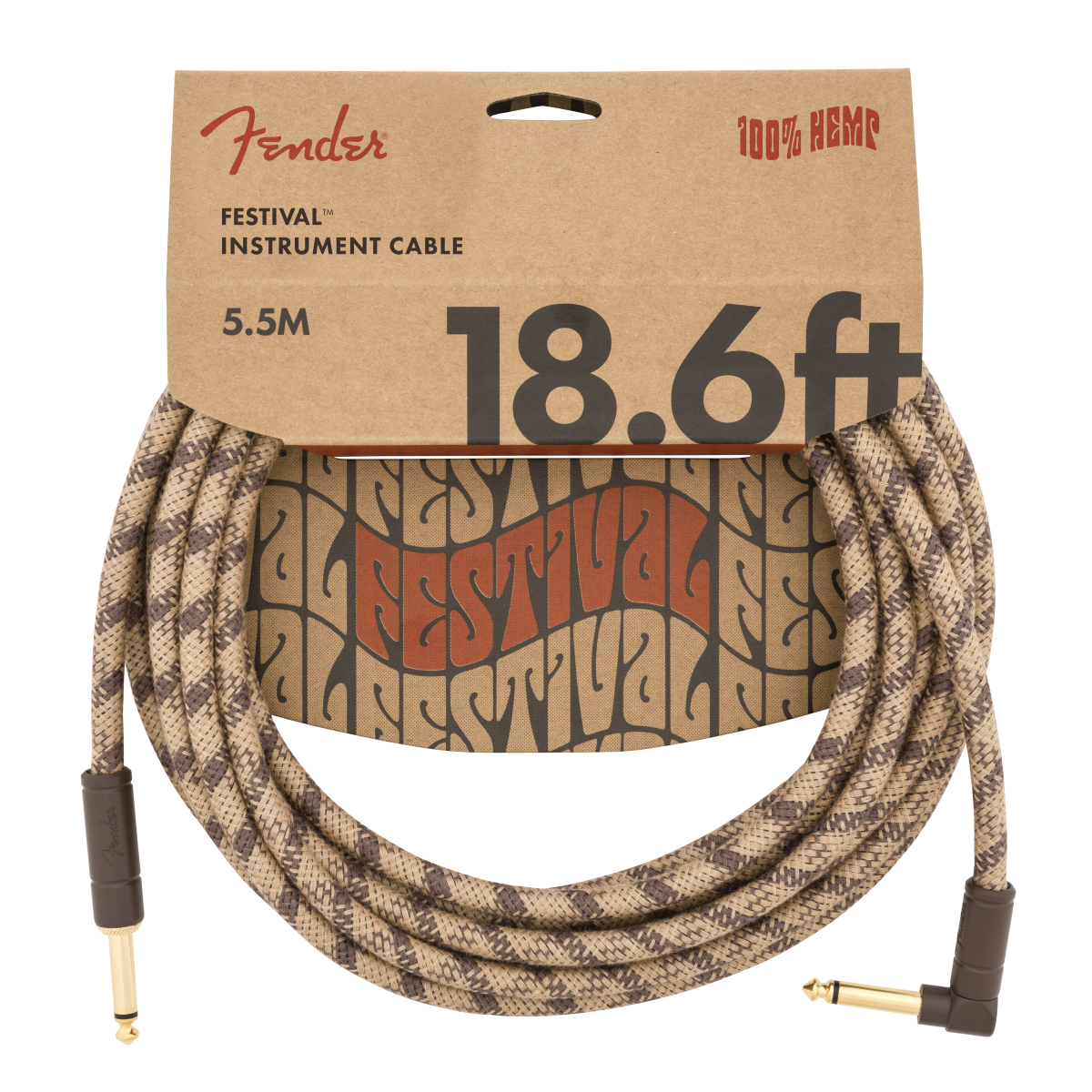 Fender Festival Instrument Cable, Straight/Angle, 18.6', Pure Hemp, Brown Stripe