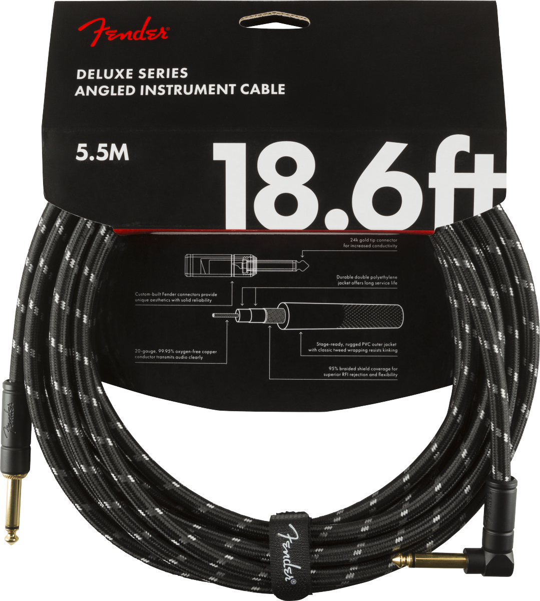 Fender Deluxe Series Instrument Cable, Straight/Angle, 18.6', Black Tweed