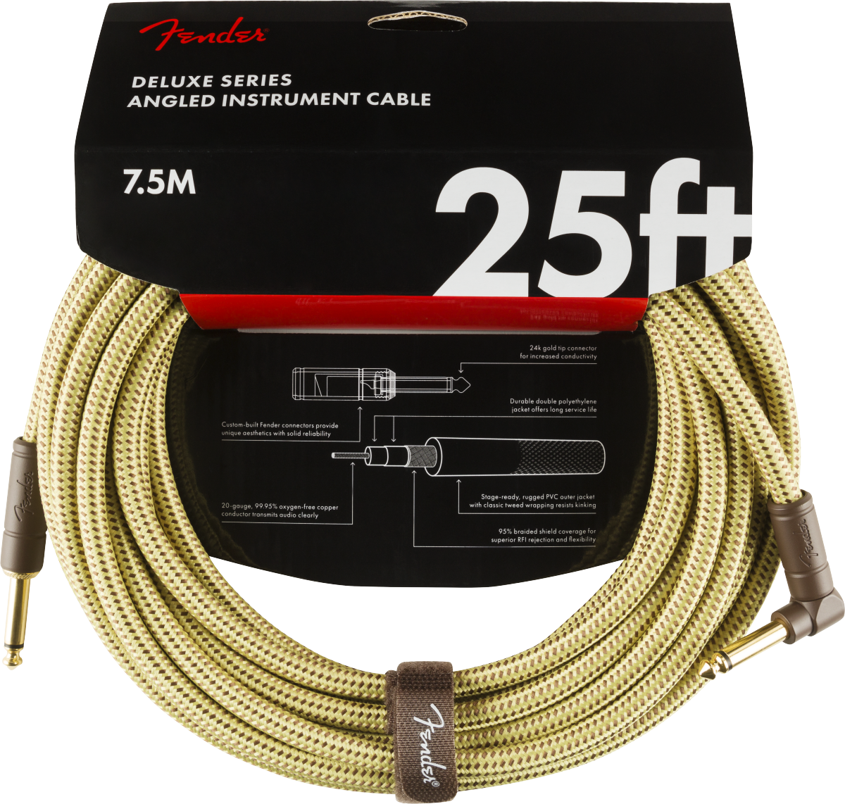 Fender Deluxe Series Instrument Cable, Straight/Angle, 25', Tweed