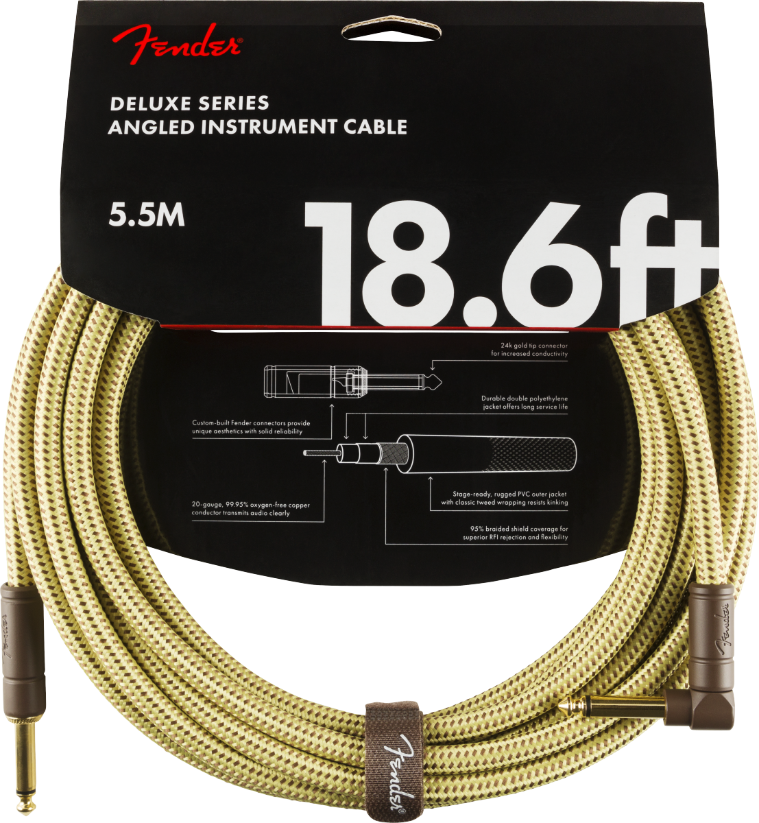 Fender Deluxe Series Instrument Cable, Straight/Angle, 18.6', Tweed