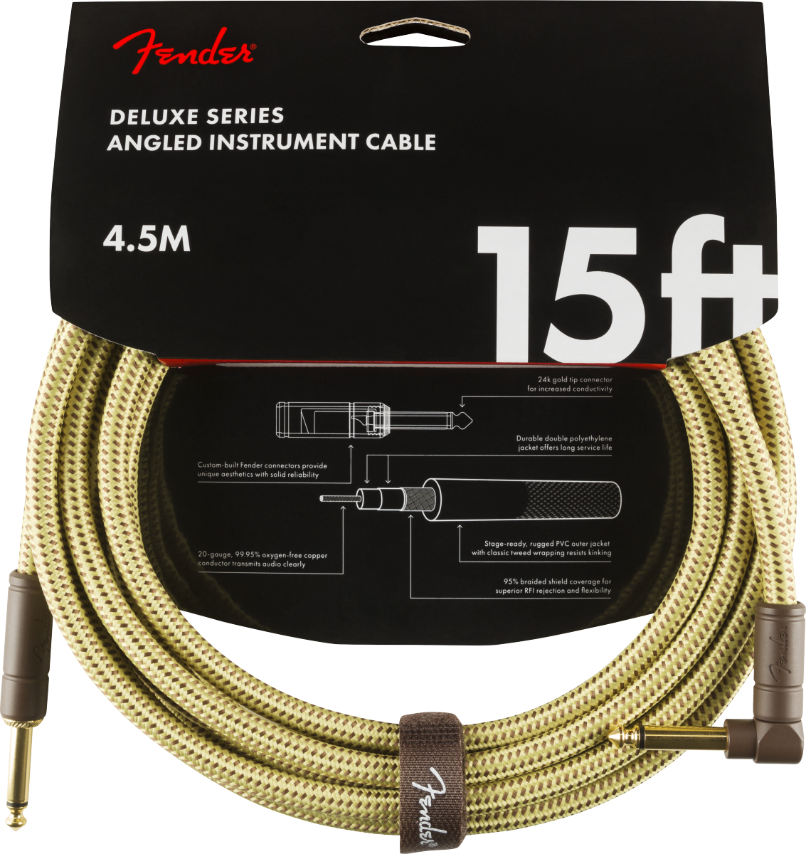 Fender Deluxe Series Instrument Cable, Straight/Angle, 15', Tweed