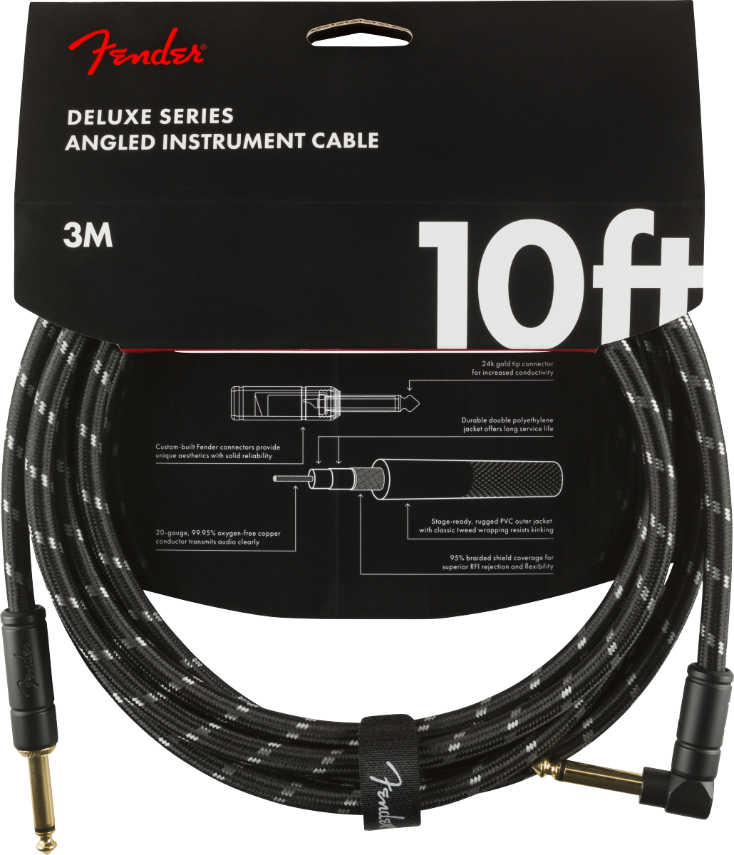 Fender Deluxe Series Instrument Cable, Straight/Angle, 10', Black Tweed
