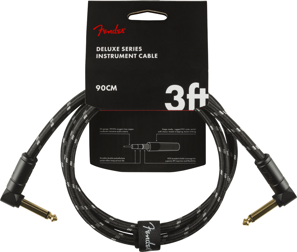Fender Deluxe Series Instrument Cable, Angle/Angle, 3', Black Tweed