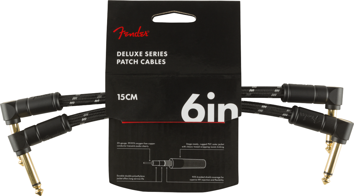 Fender Deluxe Series Patch Cables (2-Pack), Angle/Angle, 6", Black Tweed