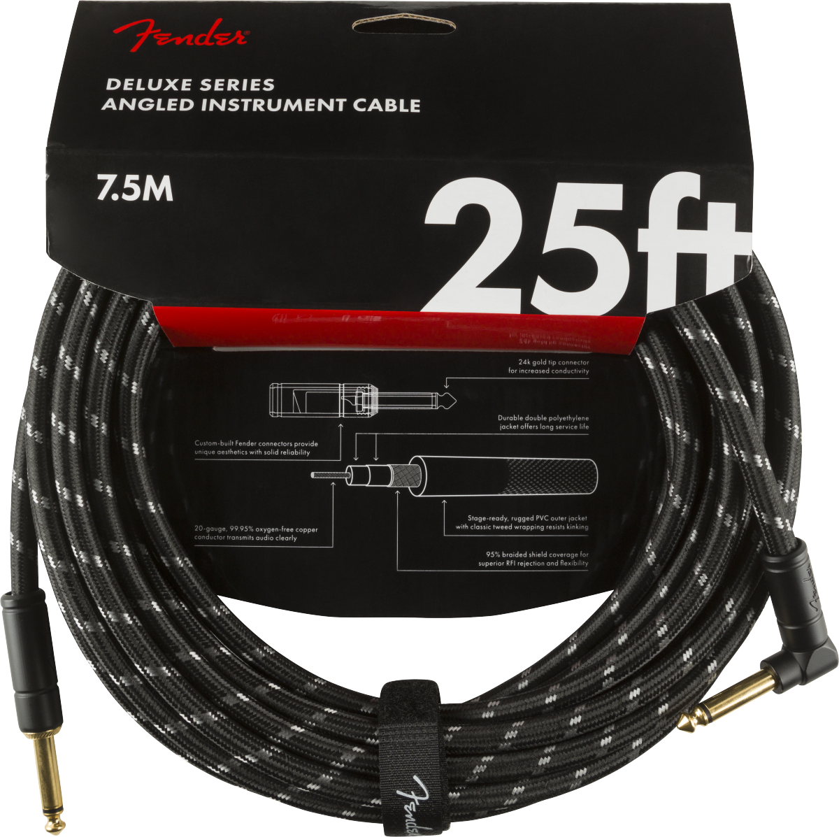 Fender Deluxe Series Instrument Cable, Straight/Angle, 25', Black Tweed
