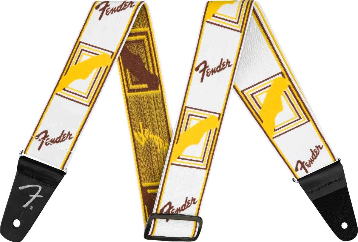 Fender WeighLess™ Monogram Strap, White/Brown/Yellow, 2"
