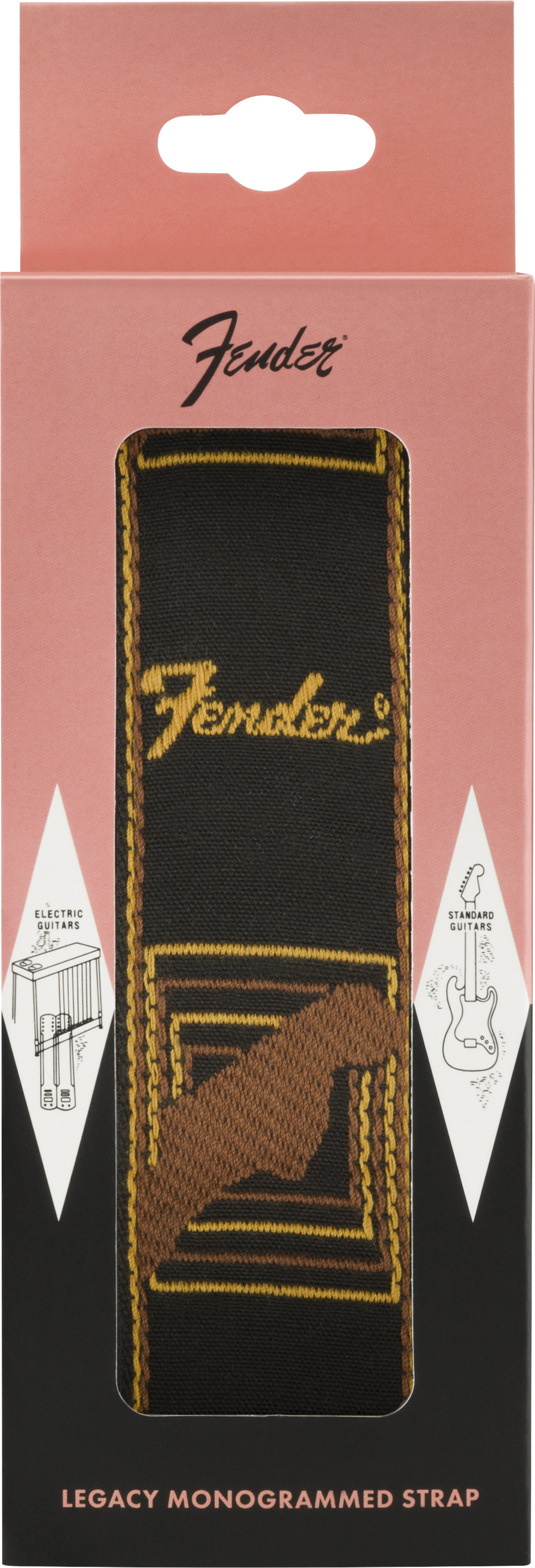 Fender Legacy Vintage Monogram Strap, Black/Yellow & Brown, 2"