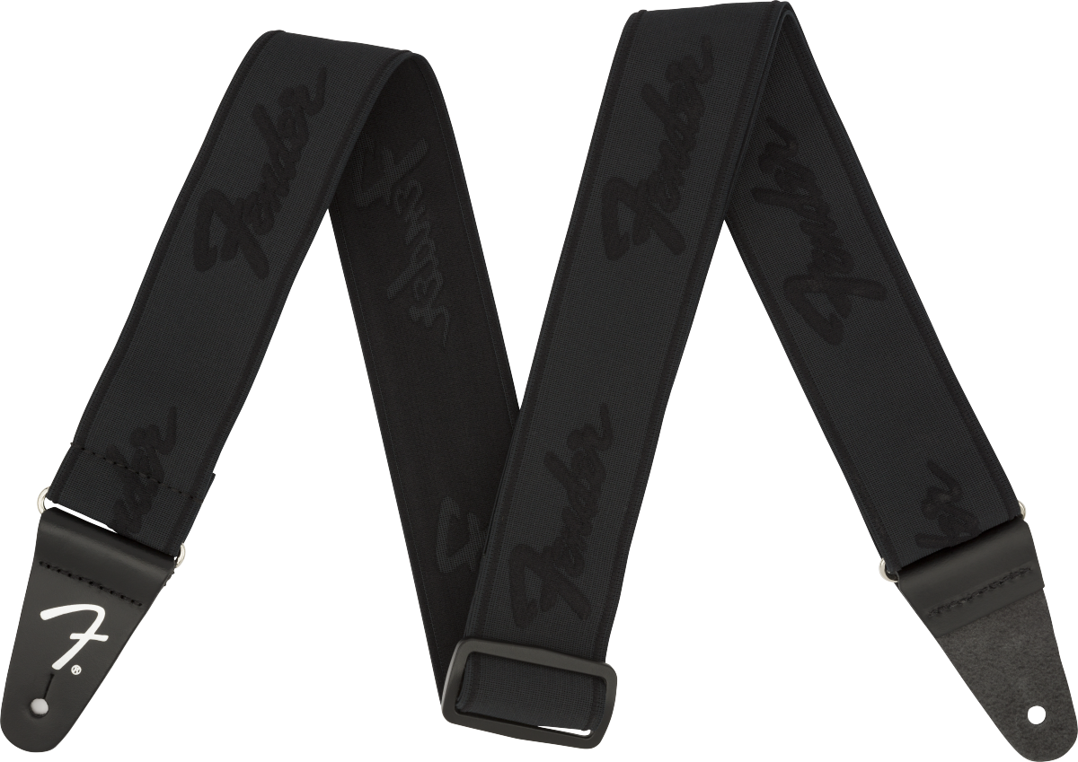 Fender WeighLess™ Running Logo Strap, Black/Black, 2"