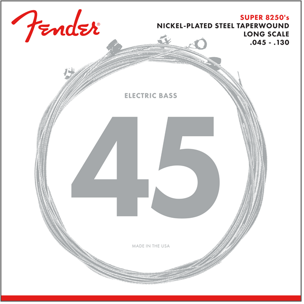 Fender 8250 Bass Strings, Nickel Plated Steel Taper Wound, Long Scale, 8250-5M .045-.130 Gauges, (5)
