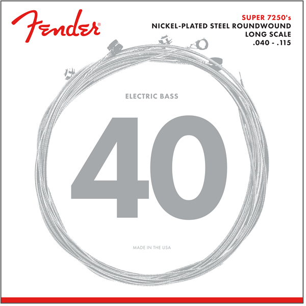 Fender 7250 Bass Strings, Nickel Plated Steel, Long Scale, 7250-5L .040-.115 Gauges, (5)
