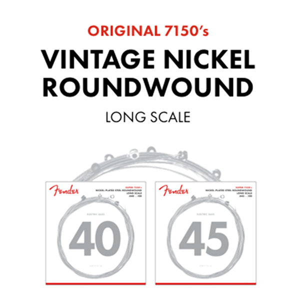 Fender Original 7150 Bass Strings, Pure Nickel, Roundwound, Long Scale, 7150ML .045-.100 Gauges, (4)