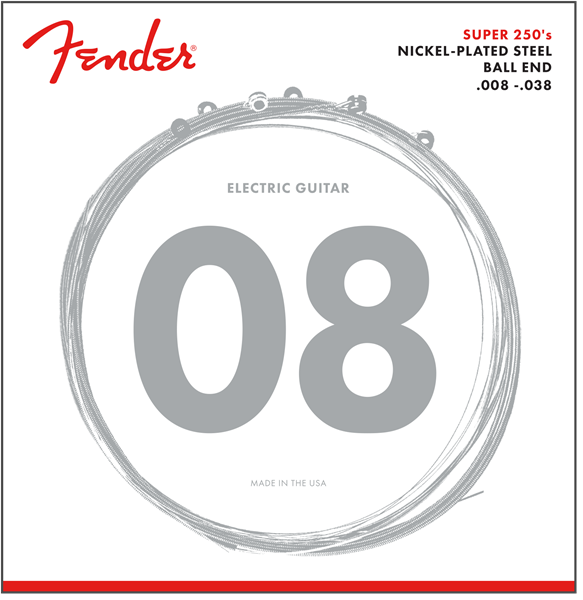 Fender Super 250 Guitar Strings, Nickel Plated Steel, Ball End, 250XS Gauges .008-.038, (6)