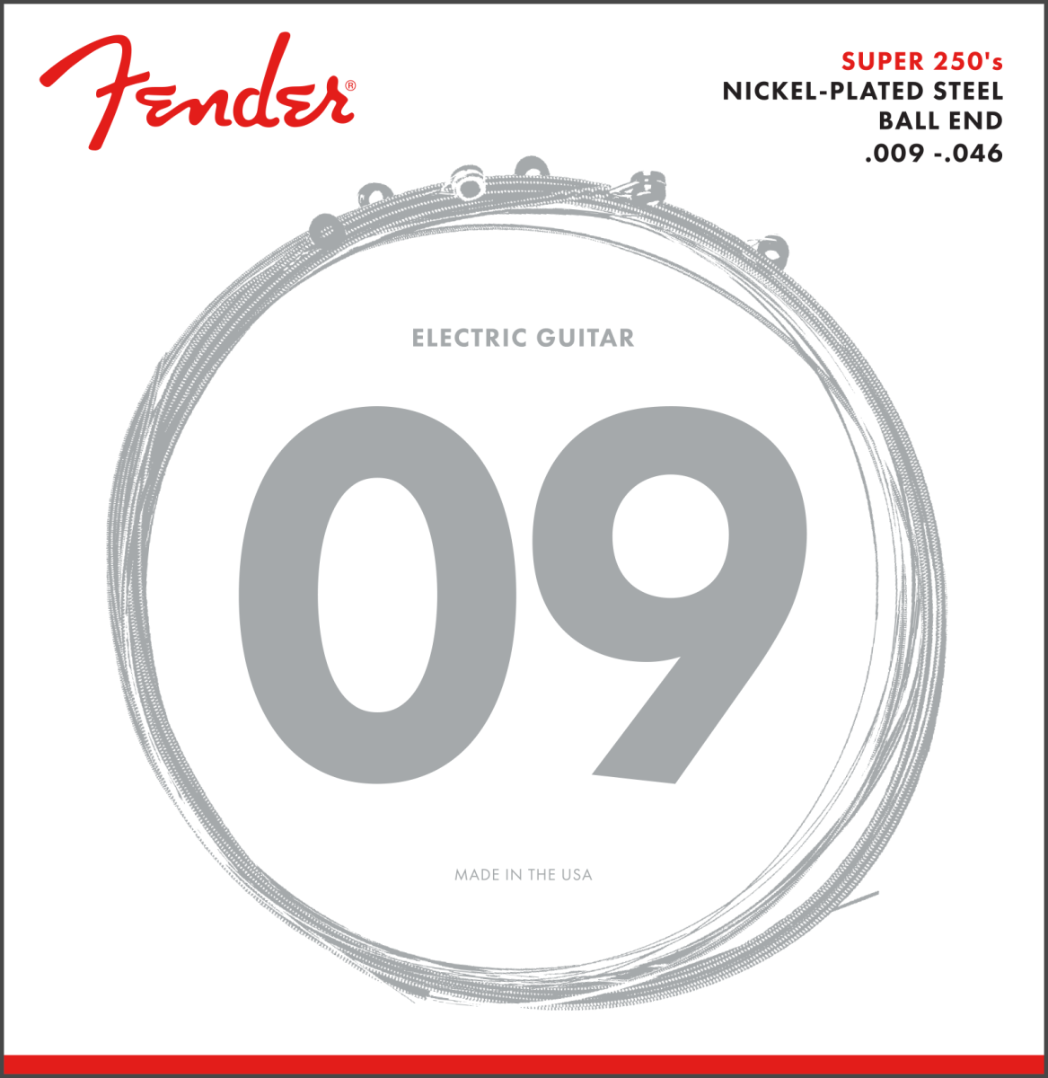 Fender Super 250 Guitar Strings, Nickel Plated Steel, Ball End, 250LR Gauges .009-.046, (6)