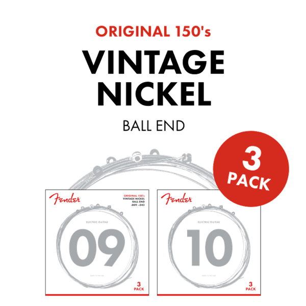 Fender Original 150 Guitar Strings, Pure Nickel Wound, Ball End, 150L .009-.042 Gauges, 3-Pack