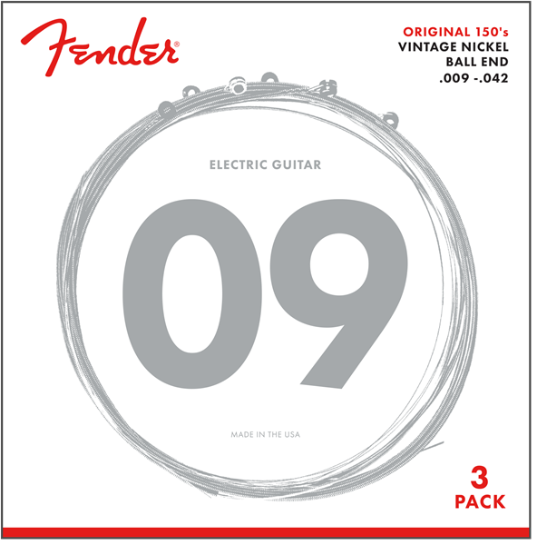 Fender Original 150 Guitar Strings, Pure Nickel Wound, Ball End, 150L .009-.042 Gauges, 3-Pack