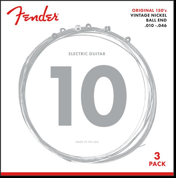 Fender Original 150 Guitar Strings, Pure Nickel Wound, Ball End, 150R .010-.046 Gauges, 3-Pack