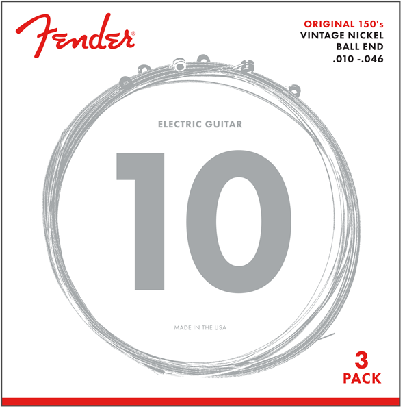 Fender Original 150 Guitar Strings, Pure Nickel Wound, Ball End, 150R .010-.046 Gauges, 3-Pack