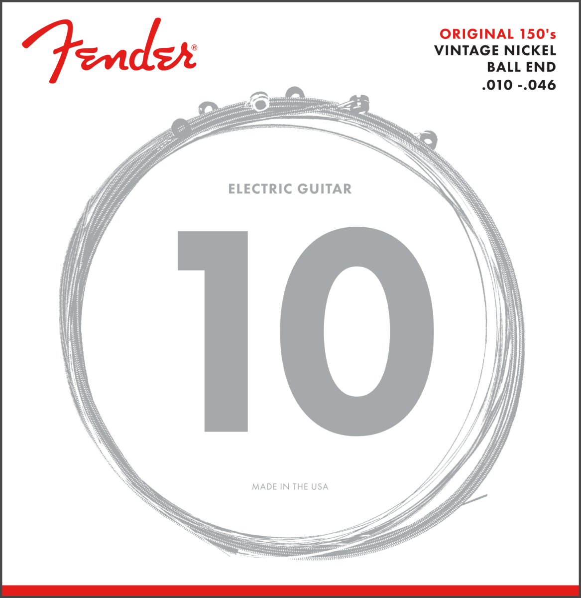 Fender Original 150 Guitar Strings, Pure Nickel Wound, Ball End, 150R .010-.046 Gauges, (6)