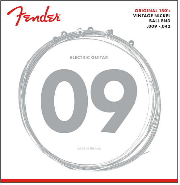 Fender Original 150 Guitar Strings, Pure Nickel Wound, Ball End, 150L .009-.042 Gauges, (6)