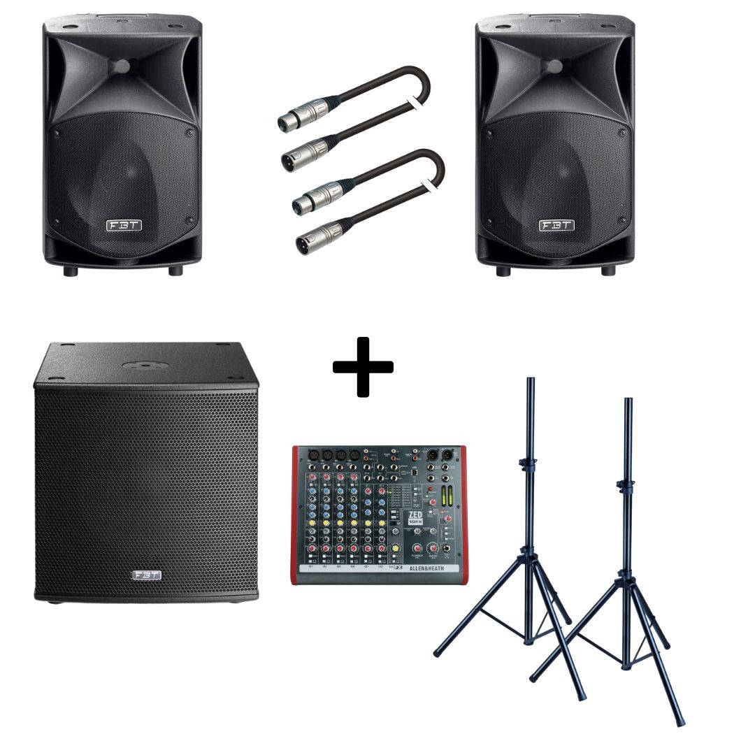 FBT JMaxX 114A e SUB 115A Bundle - Sistema Tri-amplificato 14/15 Pollici con Supporti Cavi e Mixer