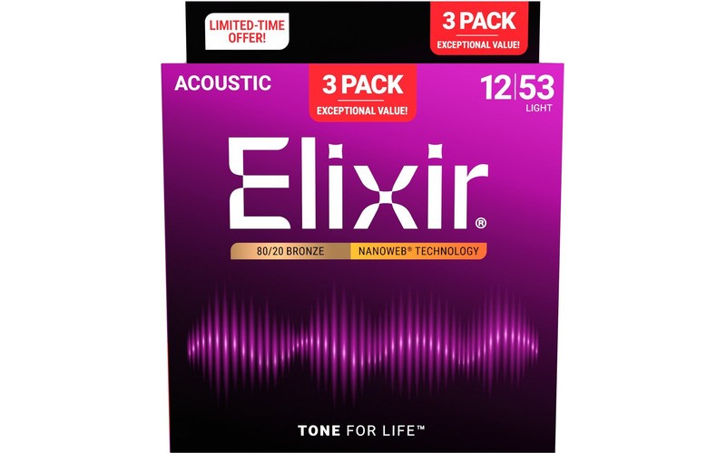 ELIXIR 3X PACK 16565 ACOUSTIC 80/20 BRONZE NANOWEB