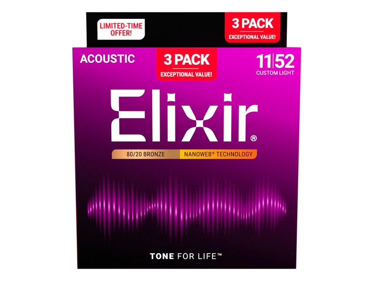 ELIXIR 16564 3-Pack - Corde per Chitarra Acustica 80/20 Bronze Nanoweb