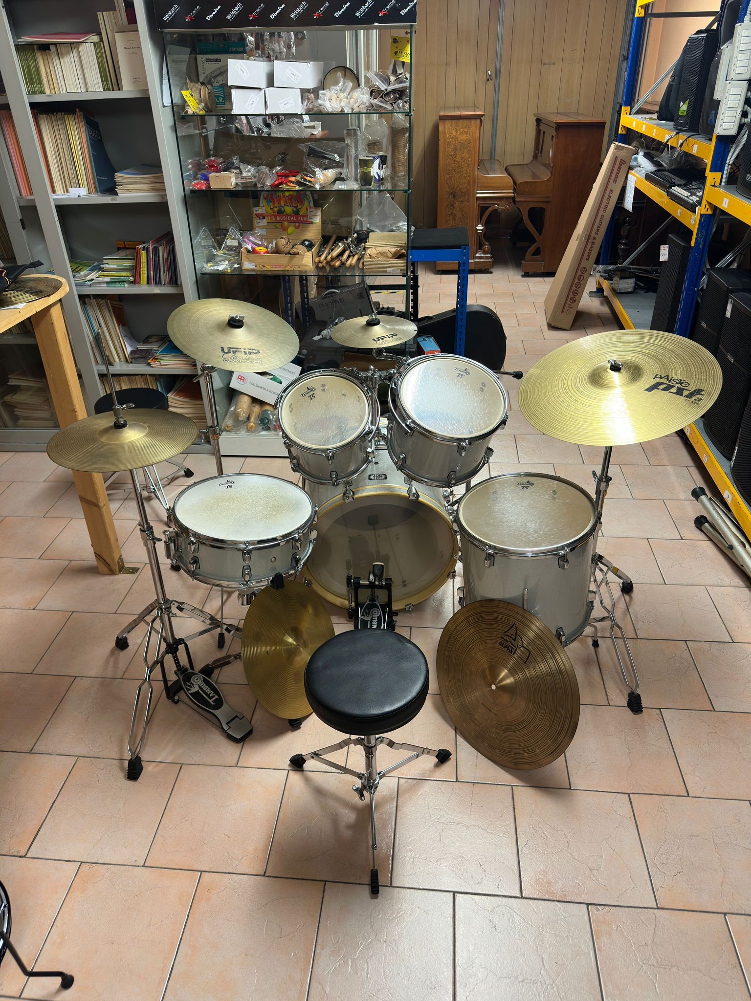 Batteria Tamburo 5 Pezzi Completa e Accessoriata - Argento Perlato