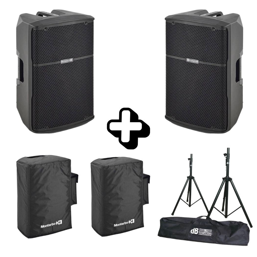 MONTARBO B115 (Coppia) - Bundle 2 Diffusori Attivi 15" 1200W con Stativi dB Technologies e Cover Idrorepellenti