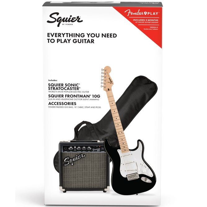FENDER SQUIER SONIC STRATOCASTER SSS BLACK PACK CON CHITARRA ELETTRICA AMPLIFICATORE BORSA ED ACCESSORI