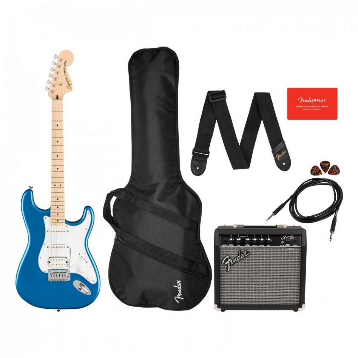 FENDER SQUIER AFFINITY STRATOCASTER HSS MN LPB PACK LAKE PLACID BLUE CHITARRA ELETTRICA AMPLIFICATORE TRACOLLA BORSA E ACCESSORI