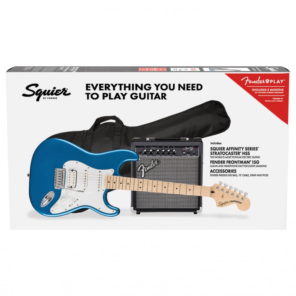 FENDER SQUIER AFFINITY STRATOCASTER HSS MN LPB PACK LAKE PLACID BLUE CHITARRA ELETTRICA AMPLIFICATORE TRACOLLA BORSA E ACCESSORI