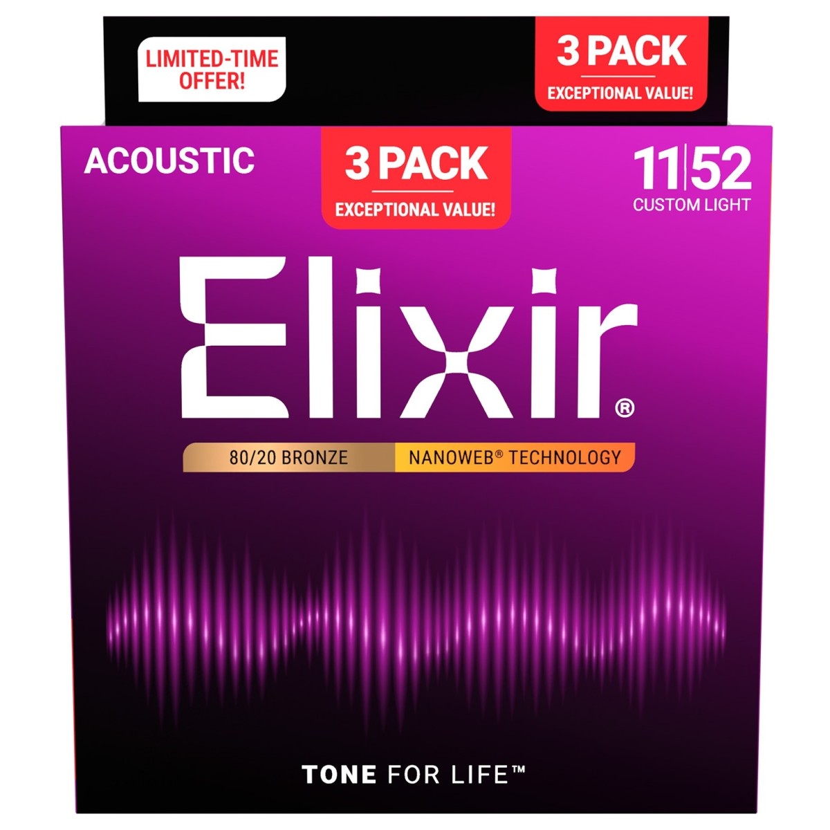 ELIXIR 11-52 NANOWEB LIGHT PACK 3 MUTE PER CHITARRA ACUSTICA 11-52 80-20 BRONZE