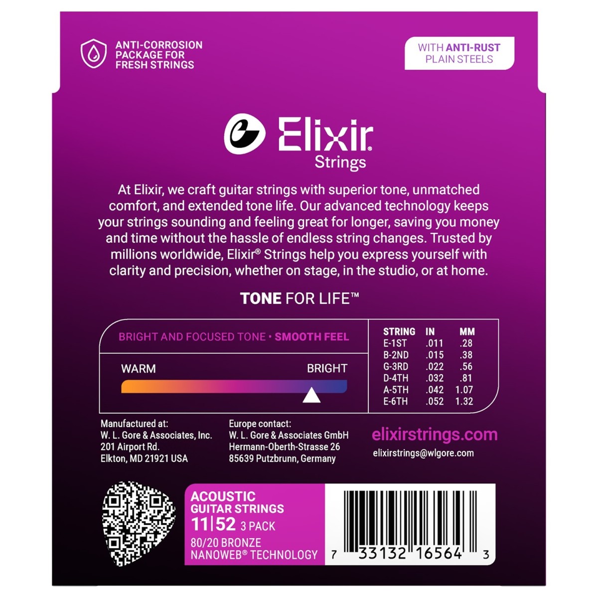 ELIXIR 11-52 NANOWEB LIGHT PACK 3 MUTE PER CHITARRA ACUSTICA 11-52 80-20 BRONZE