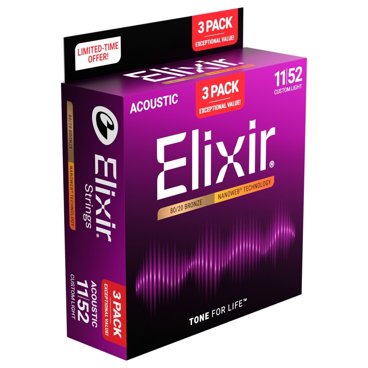 ELIXIR 11-52 NANOWEB LIGHT PACK 3 MUTE PER CHITARRA ACUSTICA 11-52 80-20 BRONZE