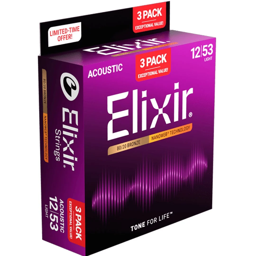 ELIXIR 12-53 NANOWEB LIGHT PACK 3 MUTE PER CHITARRA ACUSTICA 12-53 80-20 BRONZE